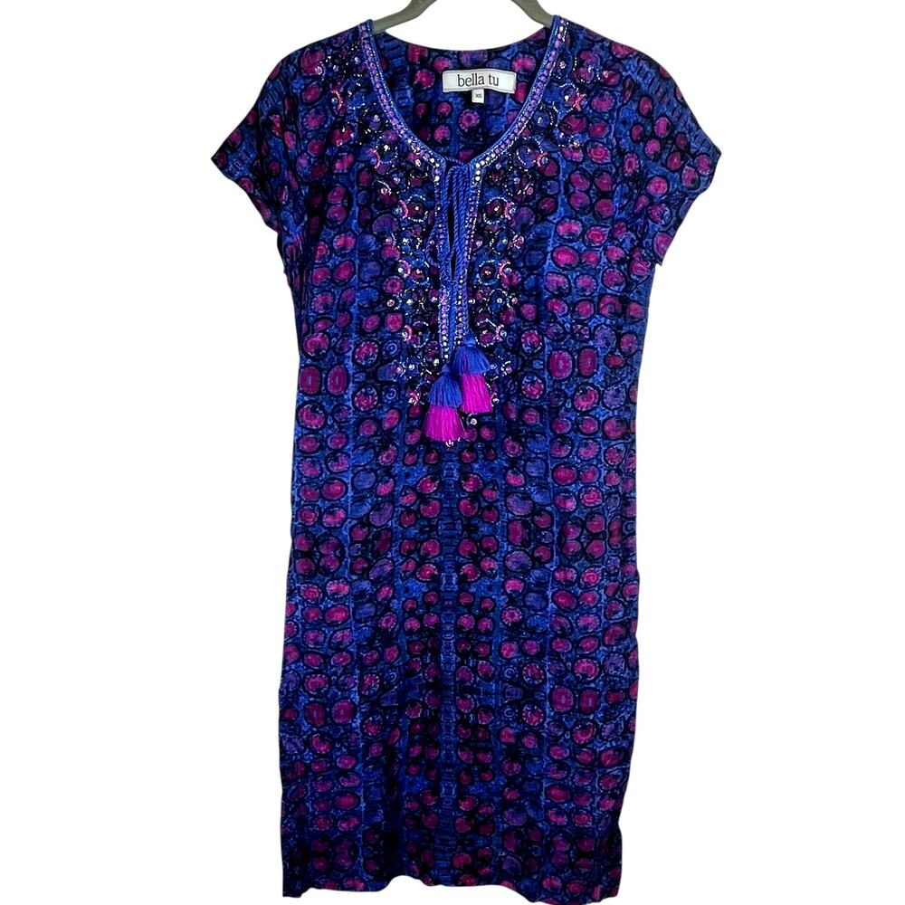 Bella Tu Blue Purple Boho Dress Sequins Beading Short Sleeves Womens Size XS